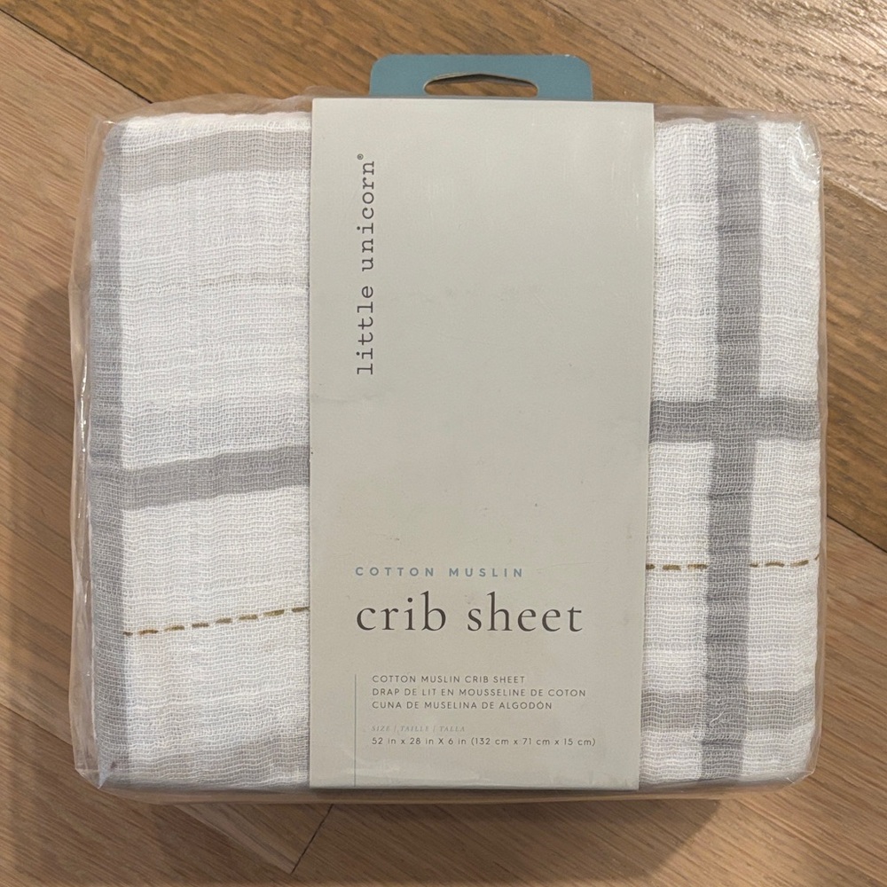 Little Unicorn Cotton Muslin Crib Sheet in White with Gray Plaid